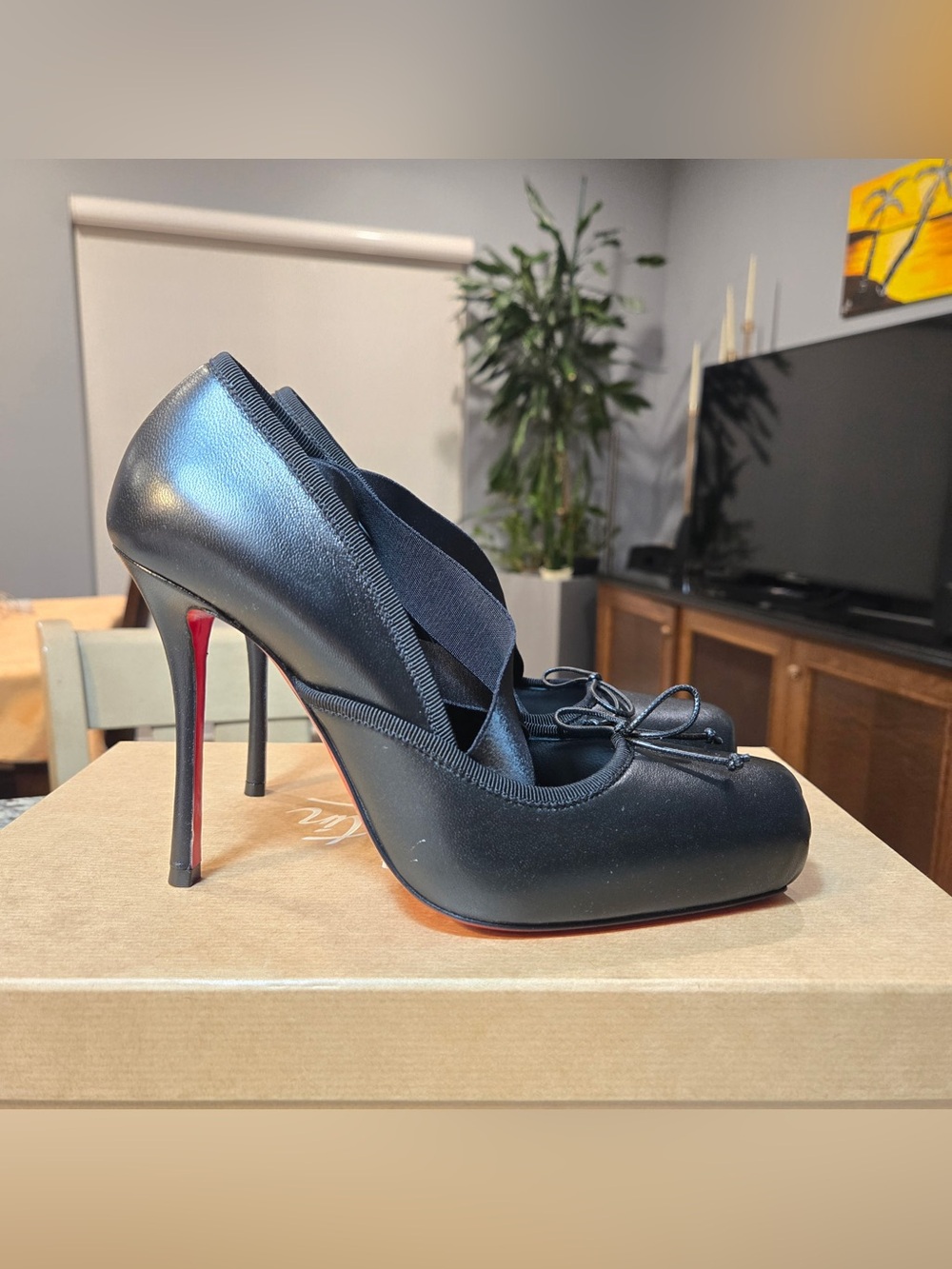 NEW Christian Louboutin Cassiastic Black Leather Ballet Heels 100mm